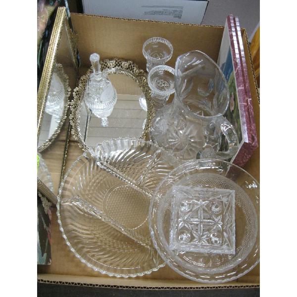 BOX OF MISC. CRYSTAL DECANTER, BELL, PICTURES, MIRROR, ETC.