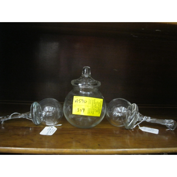 2 GLASS SOCK DARNING BALLS & SM. LIDDED GLASS CONTAINER