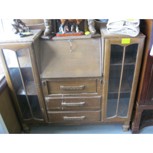 OAK DROP FRONT DESK W/GLASS DISPLAY CABINETS