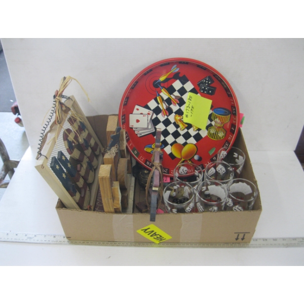 3D ELEPHANT MIRROR, HAZEL ATLAS 6 HIGHBALL GLASSES W/TRAY & USA PENNIES/DIMES & FOLK ART SIGNS