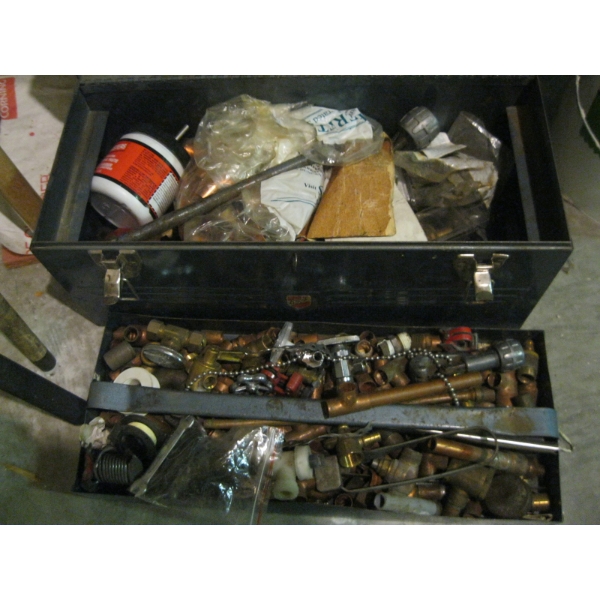 BEACH TOOLBOX W/ASST. PLUMBING SUPPLIES, ETC.