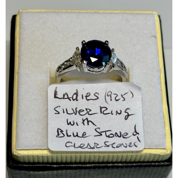 LADIES .925 SILVER RING W/BLUE STONE, SZ 6 1/2