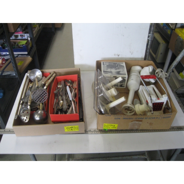 2 BOXES OF MISC. UTENSILS, MIXERS, ETC.