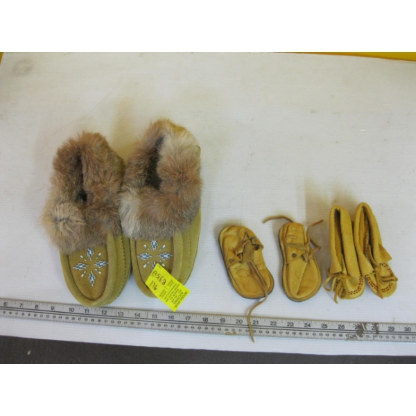 PAIR OF BEADED MOCCASINS & 2 SMALL SETS OF LEATHER MOCCASINS
