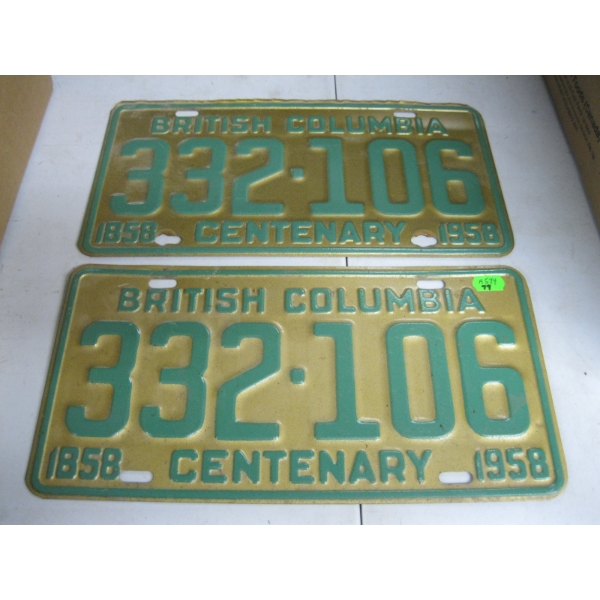 PAIR OF 1958 BC CENTENARY LICENCE PLATES