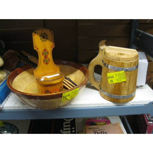 WOODEN BOWL, LG. WOODEN MUG, ETC.