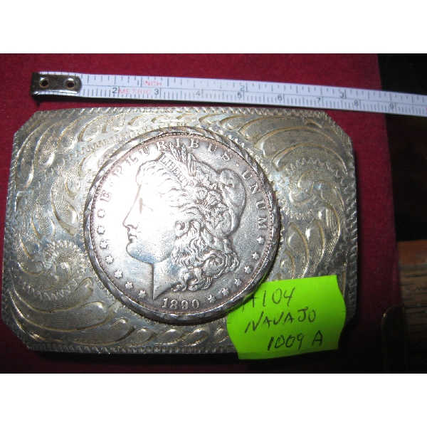 NAVAJO SILVER BELT BUCKLE W/1890 AMERICAN $1 COIN