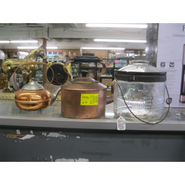2 COPPER TEAPOTS & A GLASS REFUELING CONTAINER