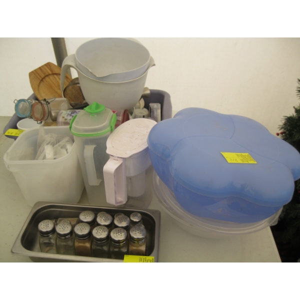 MISC. PLASTIC CONTAINERS, MUGS, SERVING PLATES, S&Ps, ETC.