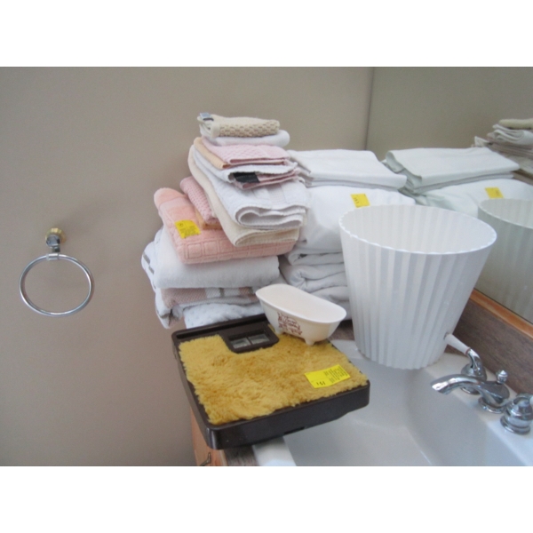 MISC. TOWELS, BEDDING, SCALE, ETC.