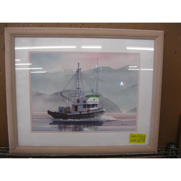 FRAMED WATERCOLOR BY RENNIE OF FISHING TRAWLER