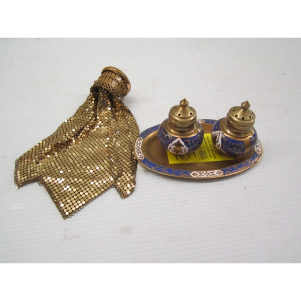 INLAID BRASS & ENAMEL S&P SHAKER W/TRAY & VINTAGE GOLD MESH PURSE - SOME DAMAGE