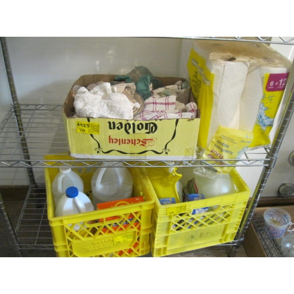 6 ROLLS OF PAPER TOWEL, BOX OF RAGS & 2 CONTAINERS OF MISC. CLEANERS