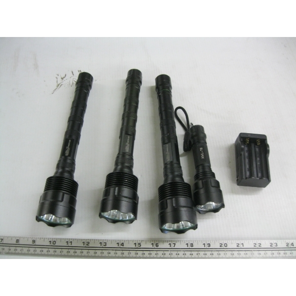 4 - LED FLASHLIGHTS W/ONE BATTERY CHARGER
