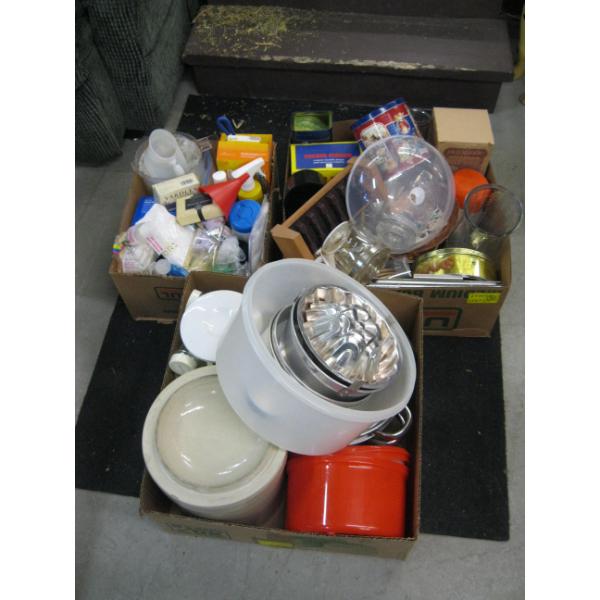 3 BOXES OF MISC. CROCK, SALAD SPINNER, ETC.
