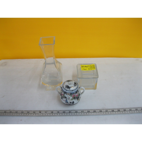 2 LIDDED CONTAINERS & A SM. VASE