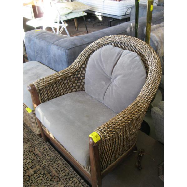 WICKER & WOOD ARMCHAIR W/MATCHING FOOTSTOOL
