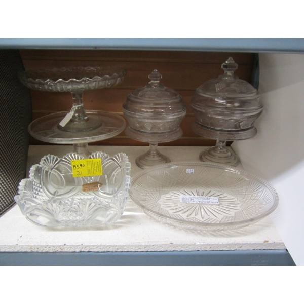 VINTAGE GLASSWARE: LIDDED CONTAINERS, CAKE TRAYS, ETC.