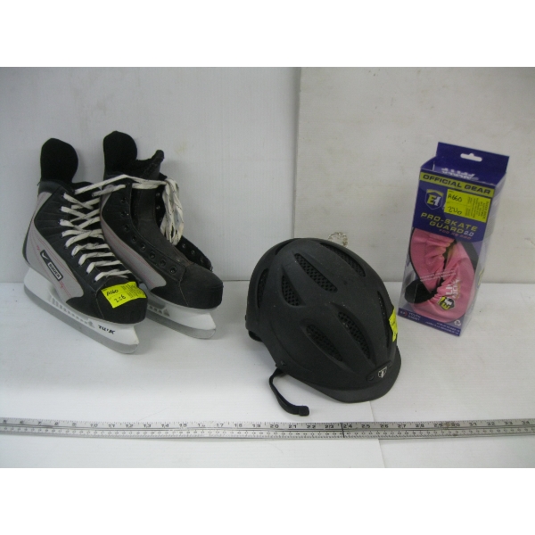PAIR OF BAUER SKATES, SZ ?, SKATE GUARDS & SZ L HELMET