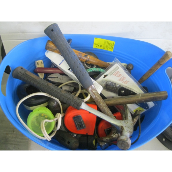 BLUE TUB OF MISC. HAMMERS, CUTTERS, TAPE MEASURES, ETC.