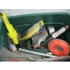 Image 4 : BIN OF MISC: PORTABLE SHOVEL, WEED EATER LINE, FLASHLIGHTS,, ETC.