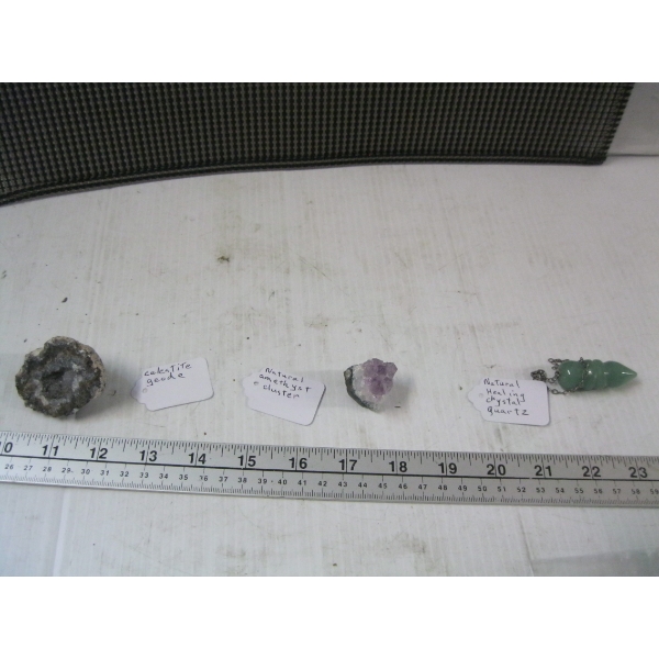 3 BAGS W/ROCKS, CRYSTAL PENDANT, ETC.