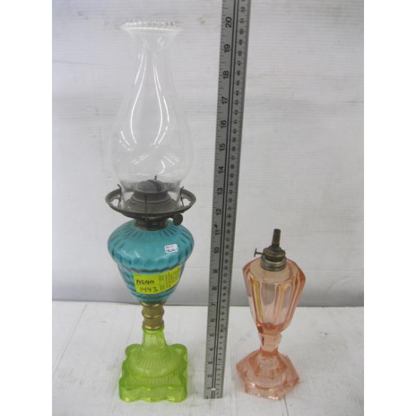 2 OIL LAMP BASES & 1 CHIMNEY