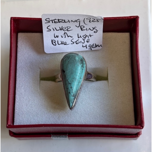 SILVER RING W/LIGHT BLUE STONE, SZ 6 1/4