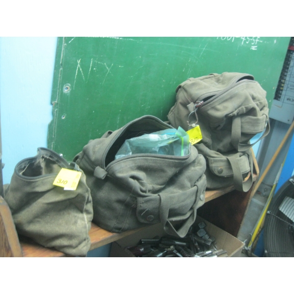 4 CANVAS BAGS - SOME W/MISC. CONTENTS - BOLTS, GAUGES, ETC.