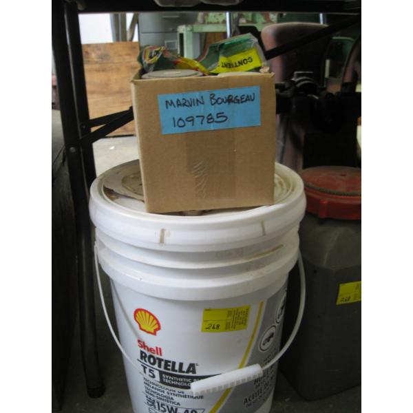PART PAIL OF 15W40 OIL, CONTAINER W/RED LID, BOX W/MISC. POTASSIUM NITRATE, ETC.