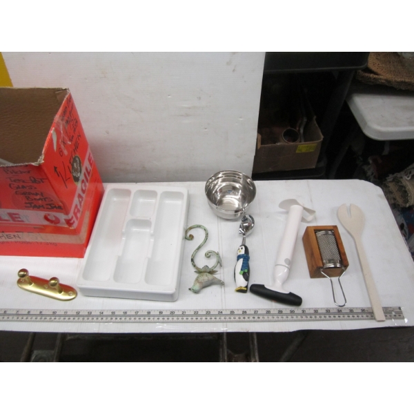 2 BOXES OF MISC. UTENSILS, PROCTOR SILEX WAFFLE MAKER, ETC.