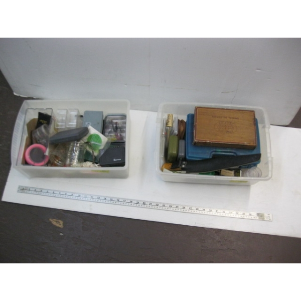 2 BINS OF MISC. FISHING FLYS, LURES, FISHING KNIFE, ETC.