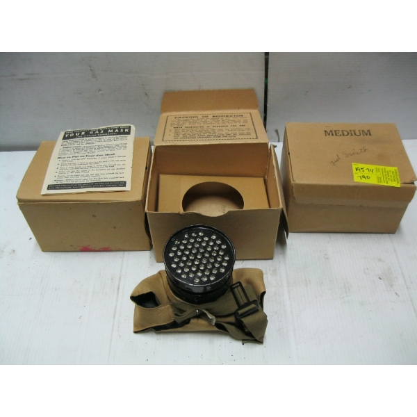 3 VINTAGE GAS MASKS - 2 - L & 1 - M, FOLDING STOOL & STORAGE BIN W/CONTENTS