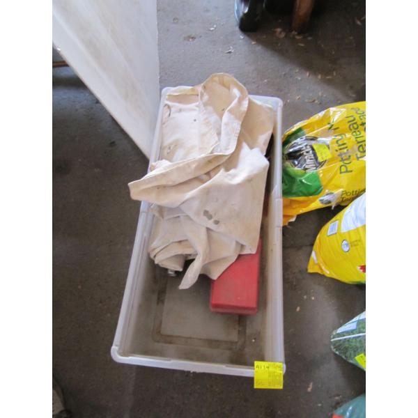 BIN W/MISC. WHEEL WRENCH, EMERGENCY REFLECTORS, TARP, ETC.