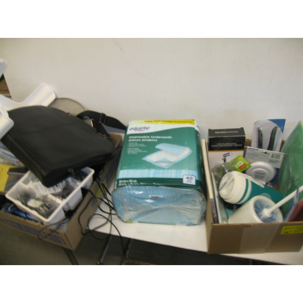 2 BOXES OF MISC. TELEPHONE, DRINKING CONTAINERS, TRIPOD STAND, ETC.