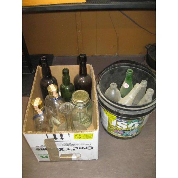 BOX & BUCKET OF MISC. BOTTLES