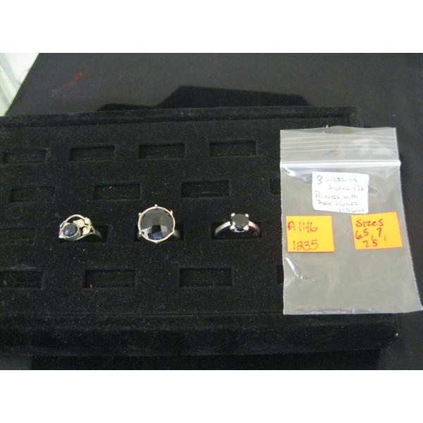 3 STERLING SILVER .925 RINGS W/DARK STONES, 11G