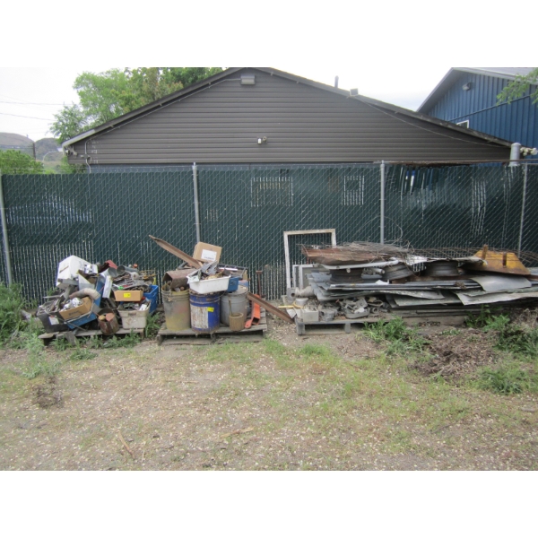 3 PALLETS + OF MISC. SCRAP STEEL. ROOFING MATERIAL, WIRE, ETC.