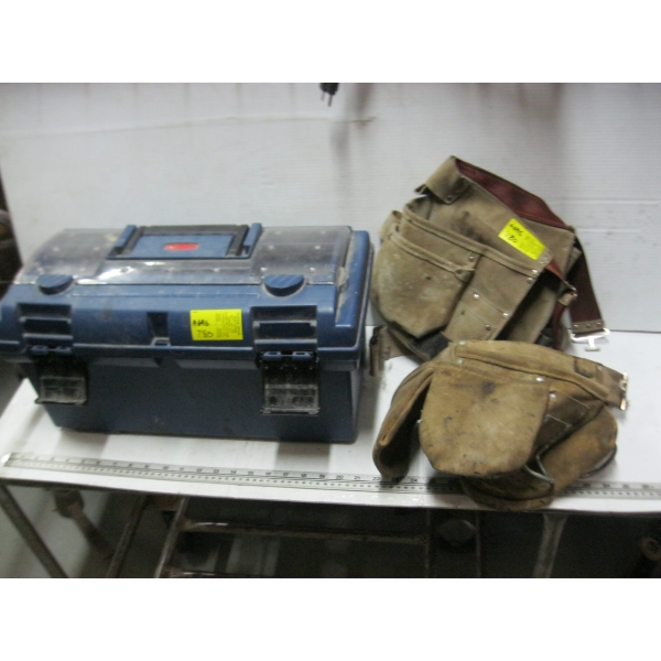 TOOLBOX W/MISC. TOOLS & A LEATHER NAIL POUCH