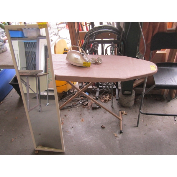 IRONING BOARD, MIRROR & AN IRON