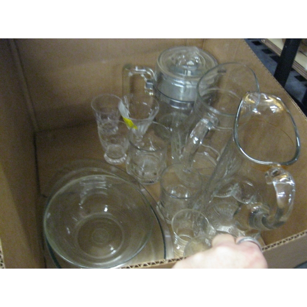 ASST. GLASSWARE, GLASS WATER PITCHERS, GLASS COFFEE POT