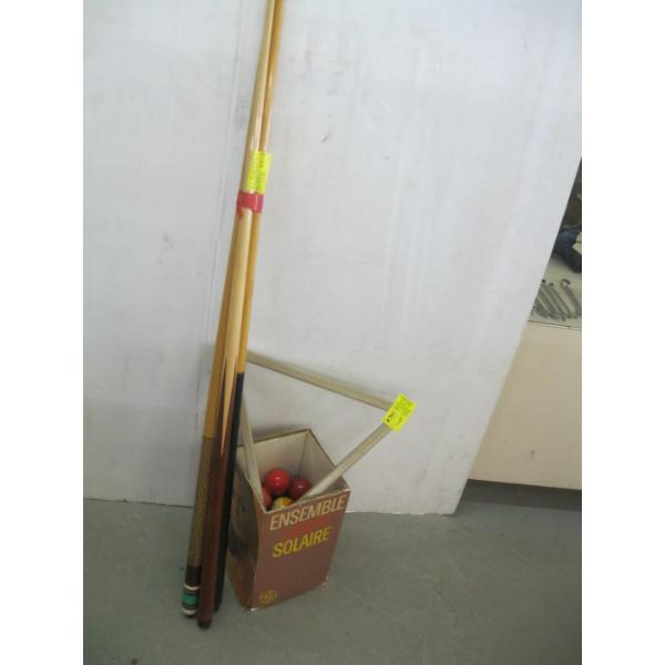 4 POOL CUES, BALLS & TRIANGLE
