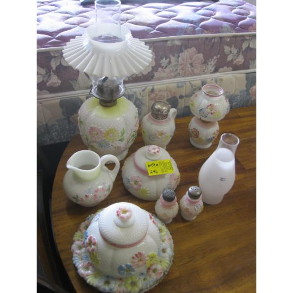 HAND PAINTED MILK GLASS ITEMS: S&Ps, OIL LAMP, ETC.