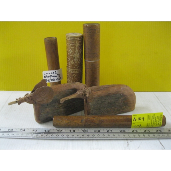 CARVED BETEL NUT CONTAINERS & 2 WOODEN CARVED FIGURINES
