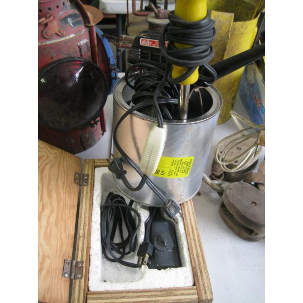 CONTAINER W/WELLER SOLDERING GUN, SOLDER, SOLDERING IRONS, WOODEN BOX W/ENGRAVER