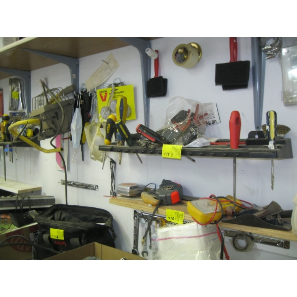 TOOLS ON WALL - WRENCHES, SCREWDRIVERS, FILES, ETC.