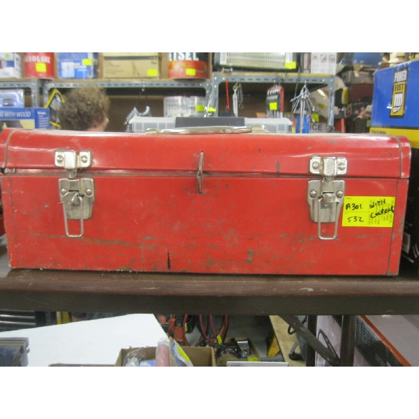 TOOLBOX W/ASST. TOOLS: HAMMERS, ETC.
