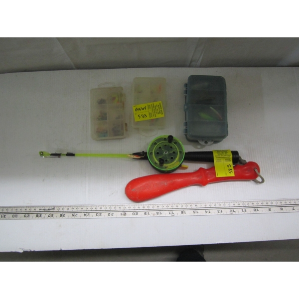 ASST. FISHING LURES, FISH BONKER & ICE FISHING ROD