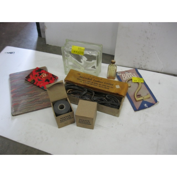 MISC. GLASS BLOCK, RUBBER BANDAGE, BRASS #2, ETC.