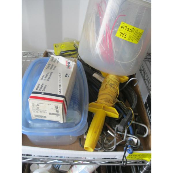 FLAT OF BUNGEE CORDS, WEED WACKER TWINE, CHALK LINE, ETC.